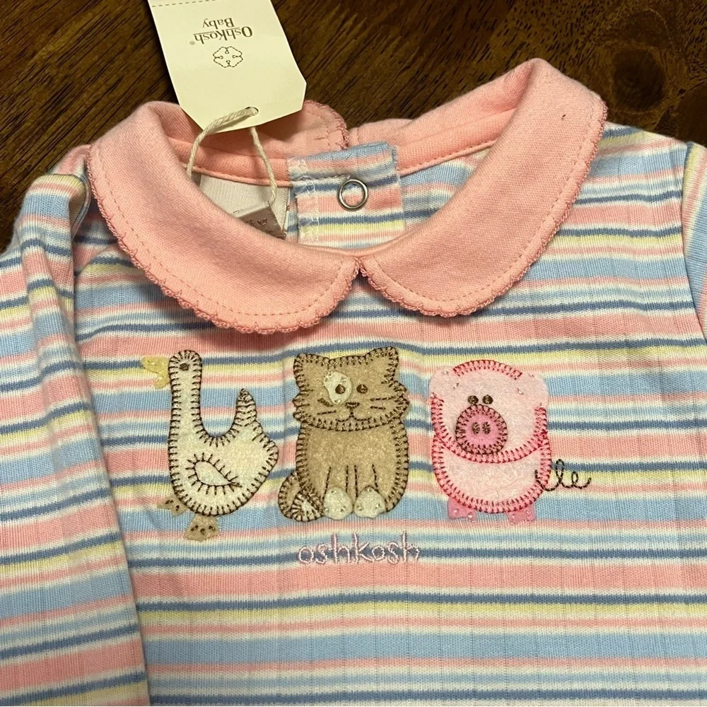 OshKosh Baby NWT Girl Striped Embroidered Peter Pan Collar Scallop Onesie